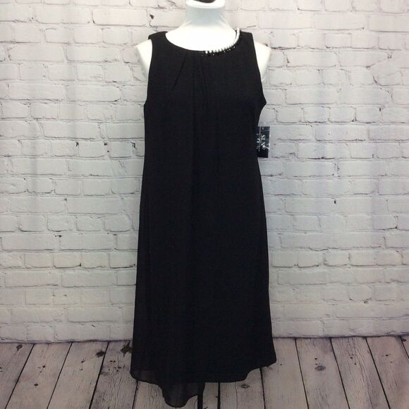 SLNY Women's Dress Sz 14 Black Sheath Embellished Neckline One Side Overlay NWT - Picture 2 of 12